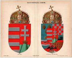 Magyarország címere, színes nyomat 1896, címer, magyar, korona, kettős kereszt, közép, eredeti