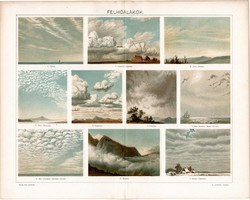 Felhőalakok, 1896, színes nyomat, litográfia, eredeti, régi, felhő, cumulus, nimbus, stratus, forma