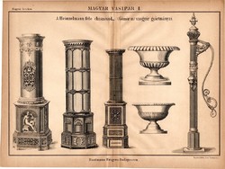 Magyar vasipar I., egyszín nyomat 1885, Magyar Lexikon, , Rautmann Frigyes, kályha, kút, Heinzelmann