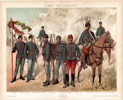 A magyar királyi honvédség, 1894, színes nyomat, eredeti, magyar, litográfia, honvéd, katona, huszár