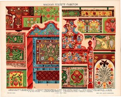Magyar festett fabútor, litográfia 1896, színes nyomat, eredeti, magyar nyelvű, bútor, díszítés