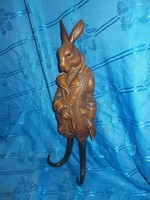 régi faragott fa nyúl vadász fali kalaptartó fogas 49cm