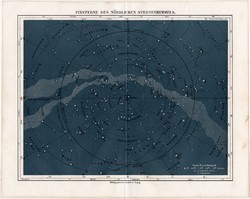 Északi csillagos ég, 1896, litográfia, német, eredeti, régi, színes nyomat, csillagászat, csillag