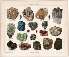 Drágakő, színes nyomat 1888, német nyelvű, litográfia, eredeti, smaragd, rubin, zafír, gyémánt
