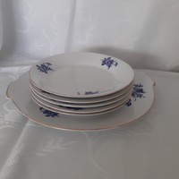 Fehér-kék virág mintás porcelán süteményes készlet, tányér készlet