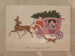 Retro karácsonyi képeslap mikulás rózsaszín hintóval
