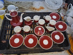 Hollóházi porcelán kávéskészlet, 6 csésze, 6 csészealj, kanna, tej-, cukor-, tejszíntartó