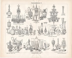 Üvegművészet II., egy színű nyomat 1905, üveg, ipar, Lobmeyr, Baccarat, korsó, pohár, váza, csillár