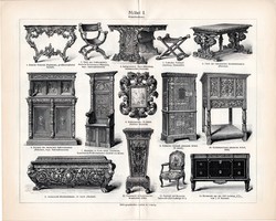 Bútor I. és II, III., egyszín nyomat 1906, német nyelvű, eredeti, modern, asztalos, szék, asztal