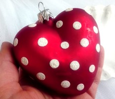 Üveg karácsonyfa dísz piros  pöttyös szív 8cm 