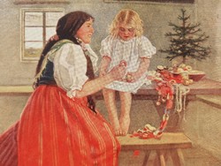 Régi karácsonyi képeslap 1920 népviseletes anya és kislánya
