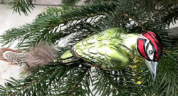 Vintage Lauscha német üveg karácsonyfadísz kézzel készített értékes darab zöld fenyő harkály nagy