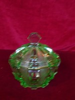 Bonbonier zöld üveg, magassága 14 cm, átmérője 14 cm. Különleges ritka darab.
