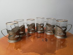 Orosz teás poharak ezüstözött fém tartóban 6 db-os hibátlan készlet