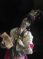 Antique China doll in caterpillar silk dress, with original box