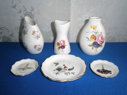 3 db Aquincumi nagyon szép porcelán váza virág mintával és 3 db tálka