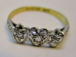Szép antik arany platina gyűrű gyémántokkal, szív alakú foglalatban