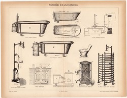 Fürdők és zuhanyok (2)., 1894, egyszín nyomat, eredeti, magyar nyelvű, kád, zuhany, kályha, fürdés