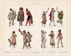 Álarcok, 1894, színes nyomat, eredeti, magyar nyelvű, maszk, álarc, farsang, színpad, olasz, régi