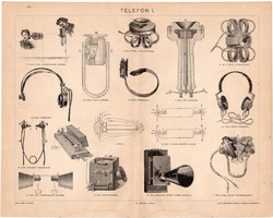 Telefon I., 1898, egyszín nyomat, eredeti, magyar nyelvű, Bell, Reiss, fejhallgató, telefonhallgató