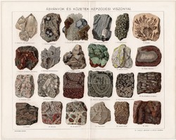 Ásványok és kőzetek, litográfia 1894, színes nyomat, eredeti, magyar nyelvű, ásvány, kőzet, kristály