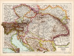 Osztrák - Magyar Monarchia térkép 1890, német, atlasz, eredeti, Hartleben, Magyarország, Galícia