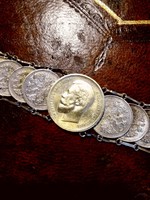 Cári orosz ezüst kopejkás, aranyozott félrubeles karkötő, II. Miklós   az utolsó orosz cár