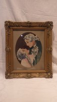 Antik üvegezett blondel képkeret romantikus gobelinnel , falc 38x30 cm
