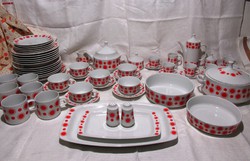Retro Alföldi napocskás, piros pöttyös ét- kávés- teás készlet, bögre, tányér, tál, csésze, kiöntő