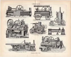 Lokomobilok I., II., III., egyszínű nyomat 1905, német nyelvű, eredeti, vasút, lokomobil, gőzmotor