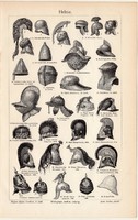 Sisakok, egyszínű nyomat 1905, német nyelvű, eredeti, sisak, római, normann, dragonyos, gyalogos
