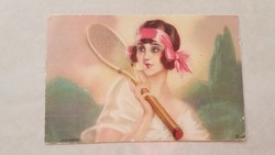 Régi képeslap 1933 Leo Fontan rajza teniszező hölgy 