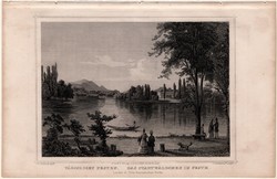 Városliget Pesten, acélmetszet 1859, Hunfalvy, Rohbock, eredeti, Budapest, Pest, tó, liget