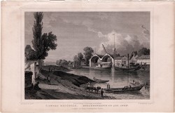 Ó-budai hajógyár, acélmetszet 1859, Hunfalvy, Rohbock, eredeti, Budapest, Buda, Óbuda, Duna, hajó