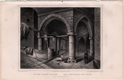 Rudas fördő Budán, acélmetszet 1859, Hunfalvy, Rohbock, eredeti, Budapest, Buda, fürdő, belső