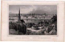 Pest és Ráczváros, acélmetszet 1859, Hunfalvy, Rohbock, G. M. Kurz, eredeti, Buda, Pest, Budapest