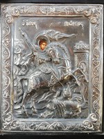950es ezüst ikon. Sárkányölő Szent György ábrázolás. Jelzett ezüst. 20x24cm. Szép kidolgozás. 