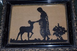 Antik szecessziós árnykép tűgobelin kislány őzikével eredet keretben
