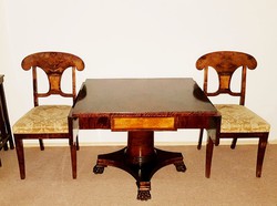 Antik Biedermeier szalon asztal oroszlán lábakon álló és bővíthető+szék 2db