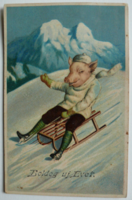Vidám újévi képeslap szánkózó malaccal, 1918 (pb)