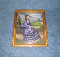 Antik goblein gobelin Lila ruhás nő kép üvegezett képkeretben 40*48,5 cm