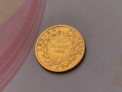 1858 francia arany 20 frank III.Napoleon 6,45 gramm 0,900 gyönyörű darab
