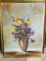Sok festékkel, vastagon festett virág csendélet, három szakadással, vászon, olaj, 50x70