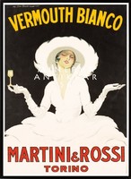 Vintage vermut martini reklám plakát, fehér ruhás hölgy kalapban, Reprint