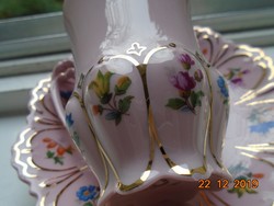 Haas&Czjzek Újszerű Kézzel festett virág mintás csipkézett rózsaszín porcelán csésze alátéttell