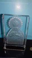 Antique old glass bohemia crystal candle holder marked with holy image