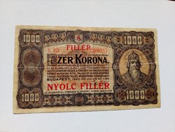 1923 1000 Korona 8 Fillér felülbélyegzéssel.