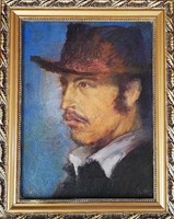  1 Ft-ról, minimálár nincs! Kalapos férfi portré. Kortárs festő műve. Jelölés van rajta. 