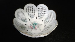 Openwork lace patterned porcelain bowl, basket, with a hand-painted flower motif. Marked