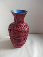 Kínai cinóber faragott vöröslakk váza 16,5 cm